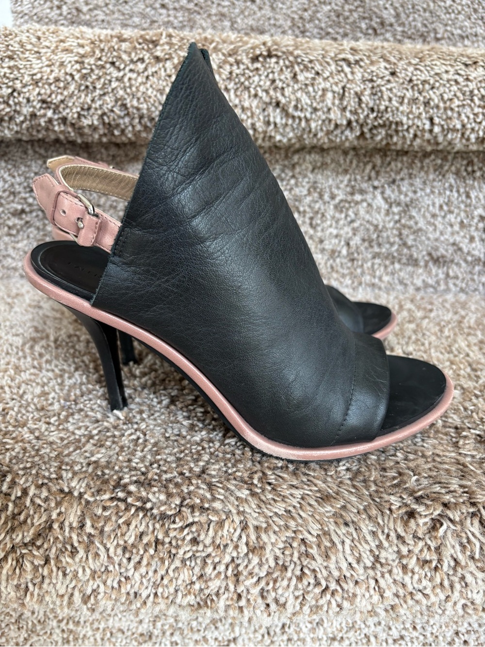 Balenciaga Women’s Black & Pink Trim Leather Slingback Peep-Toe Heels